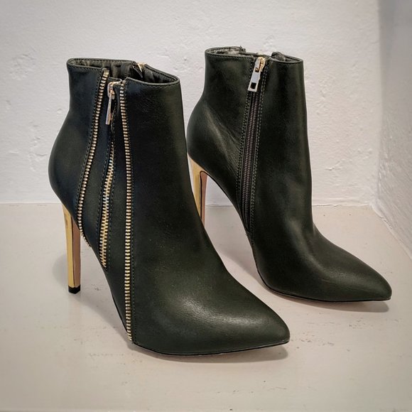 CATHERINE MALANDRINO Gold Stiletto Heel Zipper Detail Olive Green Ankle Boot Sz8 - Picture 10 of 12